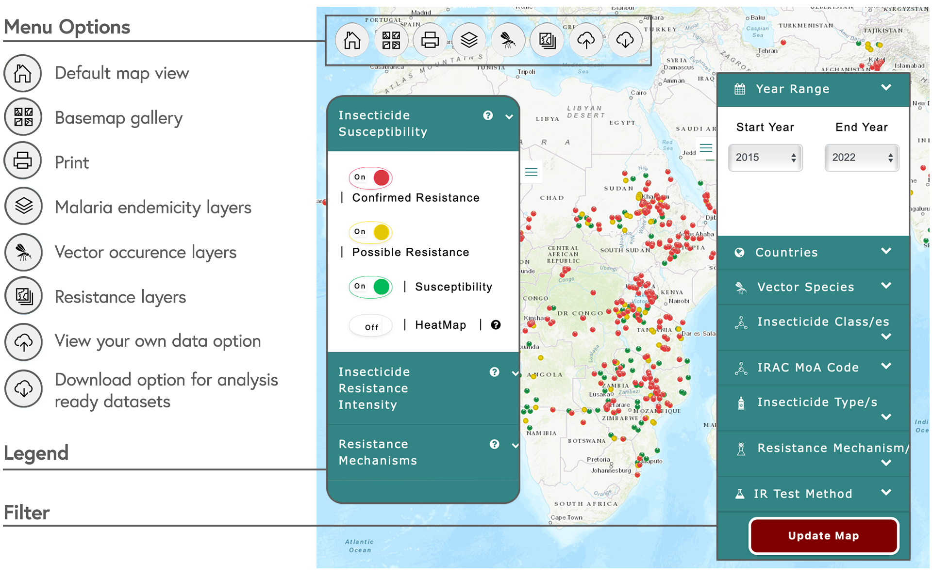 Screenshot of the Anopheles map on IR Mapper labelled to show the menu options, the legend and the filters.