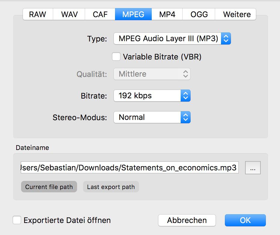 Exportdialog von Ocenaudio