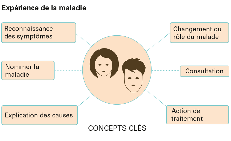 Graphique illustrant les concepts clés de l'expérience de la maladie tels que la reconnaissance des symptômes, la dénomination de la maladie, l'explication des causes, le changement de rôle, de consultation et de traitement des malades