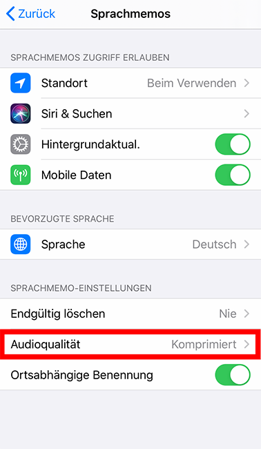 Screenshot der Audioqualitätseinstellungen