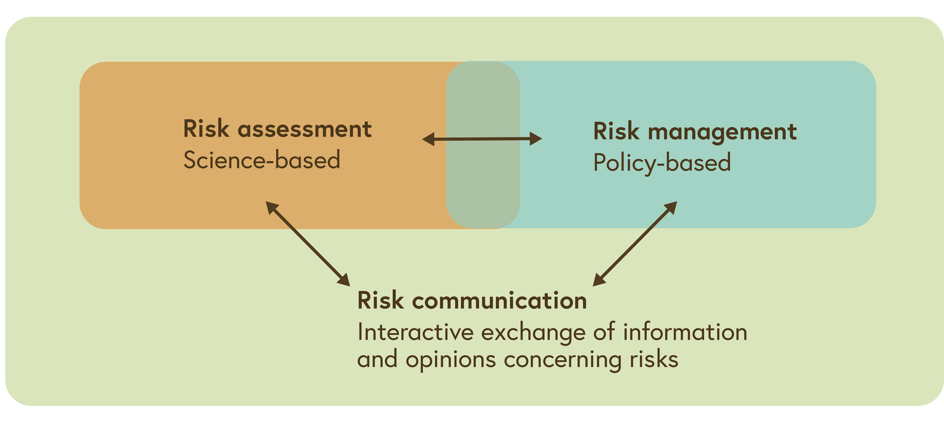 The risk analysis framework of the WHO is depicted showing the importance of science-based assessment and policy-based management for risk communication.