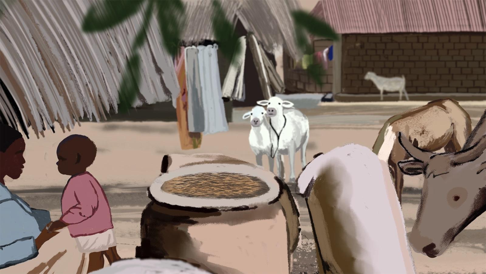 Nsuhyia village scene with a mother and child on the left, food bags and containers with grain in the middle, cows and sheep dotted about, and huts in the background.