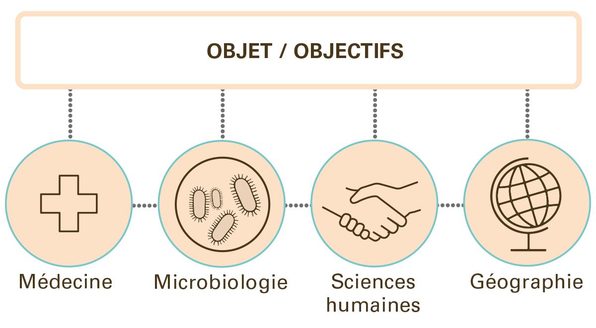 Une illustration montrant la collaboration intégrative entre les quatre disciplines traitant du même objet / objectif. Des concepts sont échangés entre les disciplines.